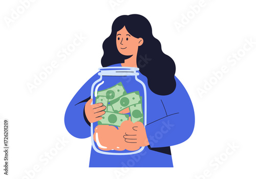 Joyful woman with a jar of cash. Suitable for financial promotions, savings concepts, banking, or investment advertisement designs.