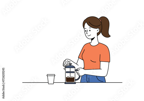 Smiling woman prepares coffee using a french press perfect for coffee culture blogs, kitchen product ads, and breakfast menu designs.