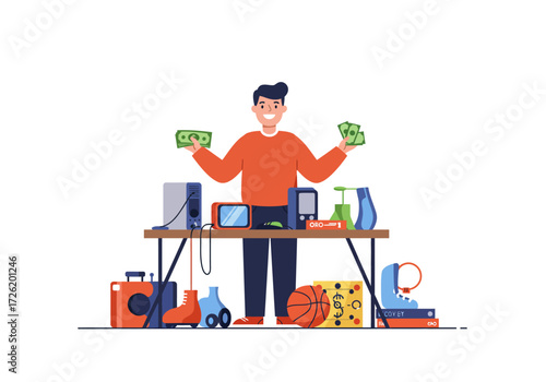Seller at flea market with cash, merchandise. Great for marketing, retail, business concepts, entrepreneurship, small business campaigns, ecommerce.