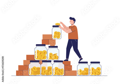 Man stacking coins on savings jars in pyramid. Perfect for finance, investments, savings concepts in business presentations and articles.