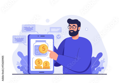 Man adding coins to a digital jar on his tablet device. Suitable for financial, saving, technology concepts.