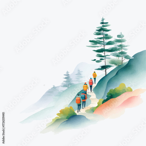 Hikers on a Mountain Trail in Misty Landscape.