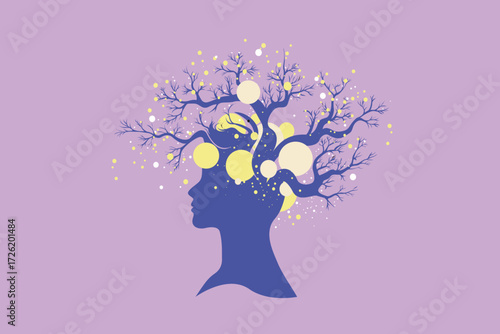Abstract Head Silhouette with Tree Branches and Digital Nodes – Brain, Growth and Business Concept Illustration