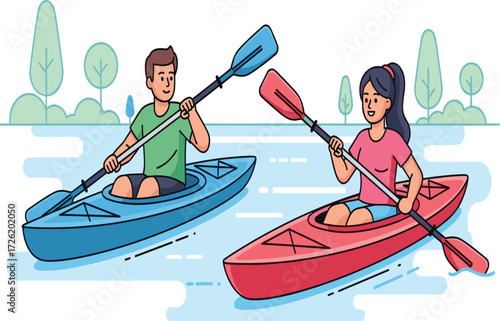 Man and woman kayaking on river, outdoor adventure activity, water sport leisure, summer recreation, healthy lifestyle, couple paddling, nature travel exploration