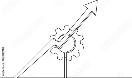Upward trending arrow through a gear on white background Keywords: arrow, gear, cogwheel, up, growth