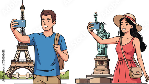 Man and woman taking selfies at Eiffel Tower and Statue of Liberty, tourism, travel, vacation, landmarks, photography, adventure illustration