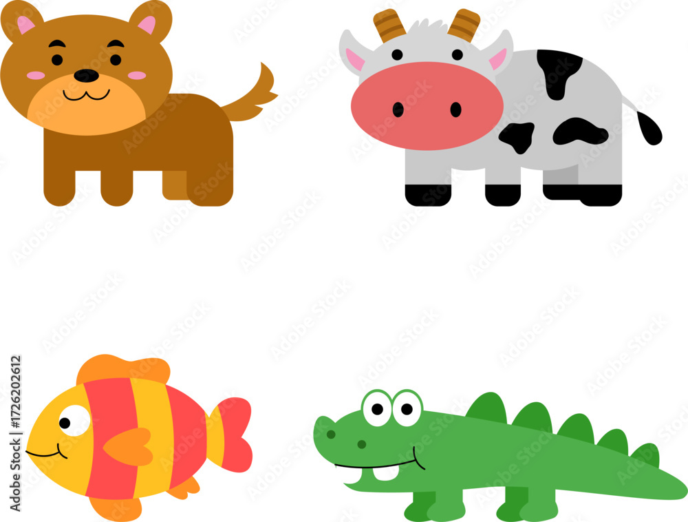 Fototapeta premium Cute Animal Cartoon Set – Bear, Cow, Fish, Crocodile Vector Illustration