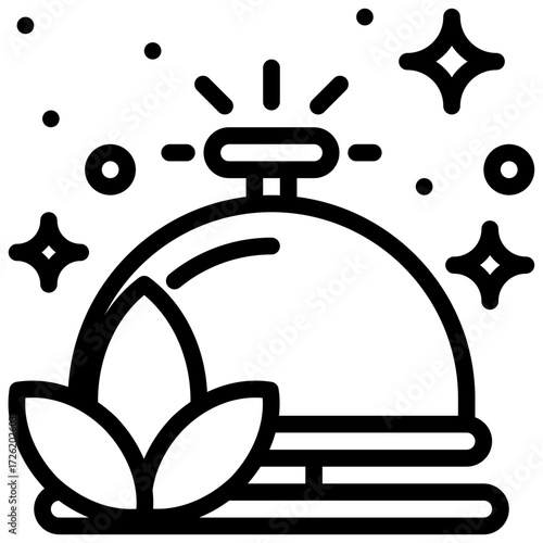Reception bell icon signals shiny food dome arrival garnished with plant decorations dots and stars.