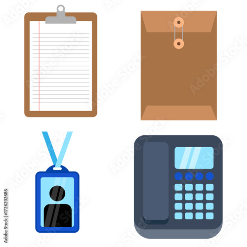 Office Supplies Set – Clipboard, Brown Envelope, ID Card, Desk Telephone Vector Illustration