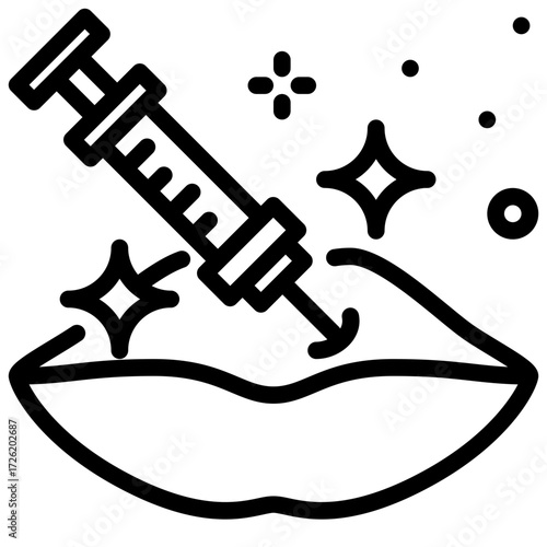 Botox outline icon lip fillers being injected with a syringe enhanced by celebratory sparkles glow.