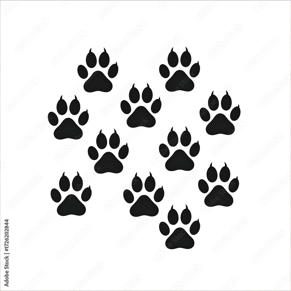 Fototapeta premium Simple design of twelve paw prints arranged in a loose circular pattern on a white background
