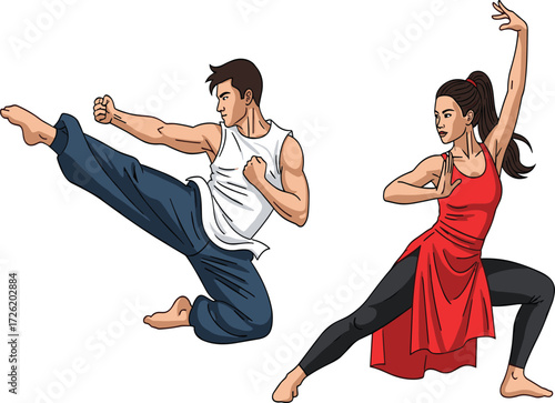 Man performing high martial arts kick, woman striking dynamic kung fu pose, strength, balance, energy, traditional combat training, fitness lifestyle illustration