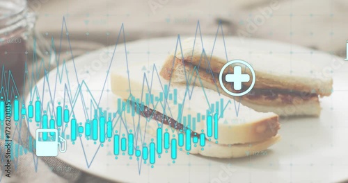 Overlay animating PB and J sandwich as pulsing graph energy bolt fuel pump health+ and house emergin