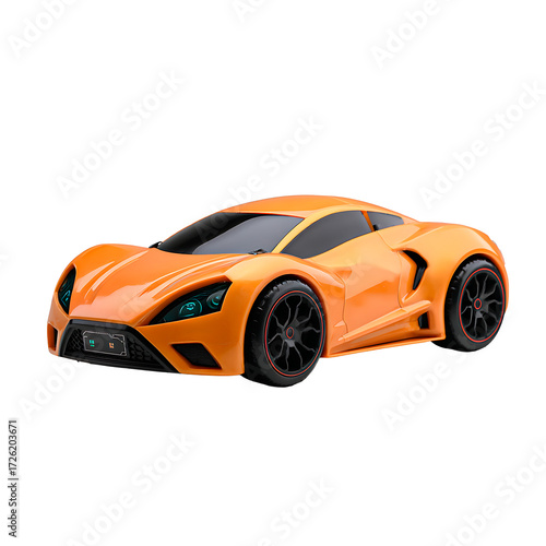An orange toy sports car with black wheels sits on a white background. It looks modern and sleek. Transparent background.