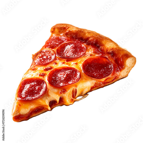 A delicious slice of pepperoni pizza with melted cheese on a white background, ready to be enjoyed. Transparent background.