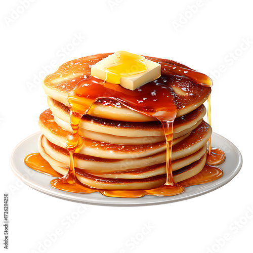 Pancake stack drizzled with syrup and topped with butter on a white plate. Sweet breakfast indulgence. Transparent background.