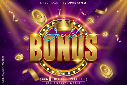 Editable 3d text effect double bonus with gold coin for poster and banner design