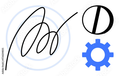 Curved line over concentric circles, black and white half-circle, and blue gear. Ideal for creativity, system optimization, innovation, teamwork, artistic process workflow problem-solving. Simple