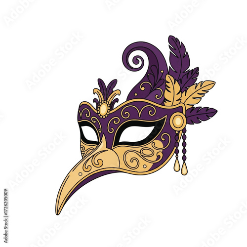 Illustration of a purple and gold decorative masquerade mask with feathers and ornate details on a white background.