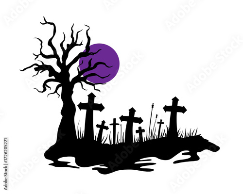 Eerie Halloween graveyard silhouette illustration featuring a spooky gnarled tree, ominous gravestones, and a vibrant purple full moon, perfect for haunting night designs