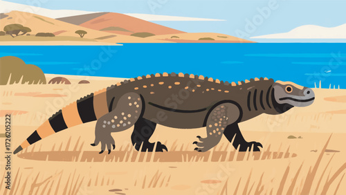 Illustration Of A Giant Komodo Dragon Walking On Dry Grassland With A Background Of Savanna Hills And Blue Sea Vector Design Template