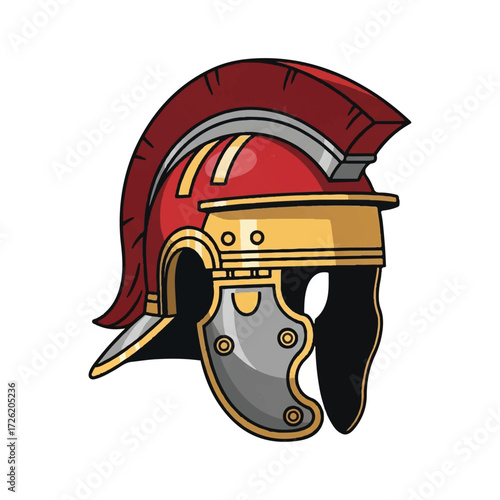 Illustration of a red and gold ancient Roman gladiator helmet with a curved crest and face guard on a white background.