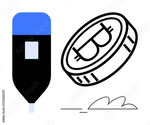 Bitcoin coin with iconic symbol next to a marker pen and abstract lines. Ideal for cryptocurrency, finance, investment, decentralized systems, blockchain, digital economy, creative workflow. Simple
