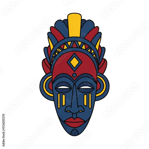 Vibrant illustration of a stylized tribal mask with bold red, blue, and yellow hues against a clean white background.