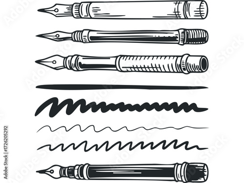 Collection of vintage fountain pens and ink strokes. Vector hand drawn illustration