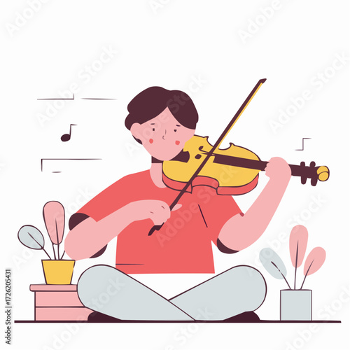 Young musician playing violin, focused mood, practicing music, indoor setting, copy space
