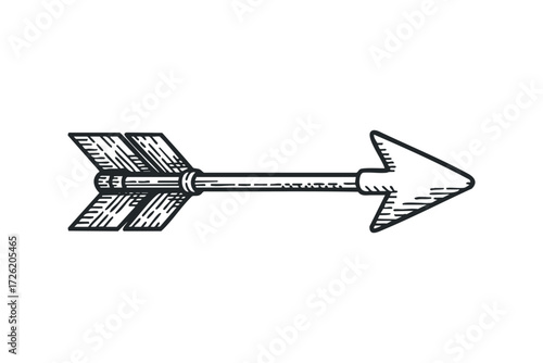 Line drawing of a single arrow with feather fletching. Vector hand drawn illustration