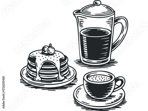 Pancake stack with berries and syrup served with coffee. Vector hand drawn illustration