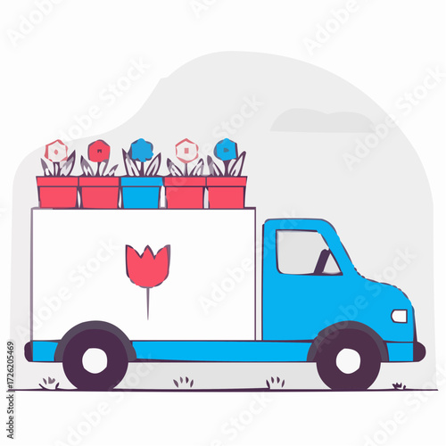 Flower delivery truck, cheerful mood, transporting plants, pastel colors, copy space