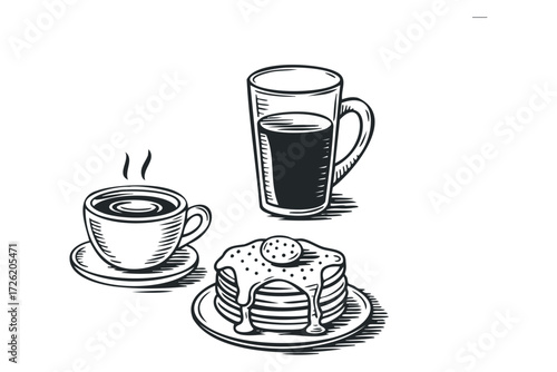 Pancakes with butter and syrup beside steaming coffee cup and drink. Vector hand drawn illustration