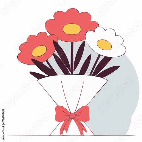 Illustration of a bouquet of flowers wrapped in paper with a bow