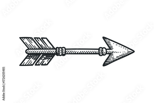 Tattoo style arrow with fletching and arrowhead. Vector hand drawn illustration