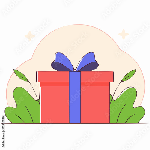 Illustration of a gift box wrapped with a ribbon and bow surrounded by greenery