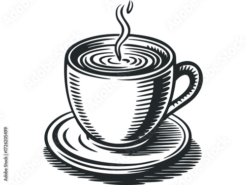 Steaming Coffee Cup on Saucer in Graphic Style. Vector hand drawn illustration