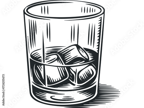 Glass of Whiskey with Ice Cubes. Vector hand drawn illustration