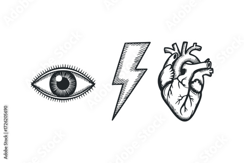 Eye Lightning Bolt Heart Symbols. Vector hand drawn illustration