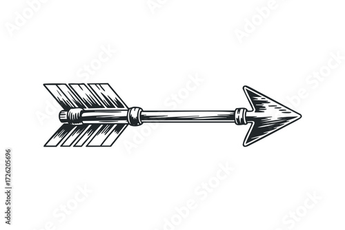 Line drawing of an arrow with fletching and arrowhead. Vector hand drawn illustration