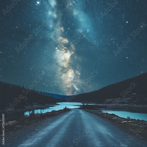 Night road through a valley, Milky Way