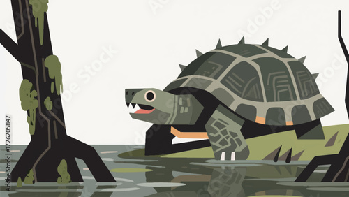 Illustration Of An Alligator Snapping Turtle In The Murky Water Of A Swamp With Mangrove Roots Vector Design Template