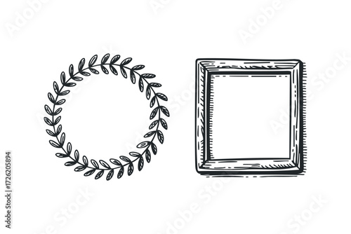 Hand-drawn laurel wreath and square frame in black ink. Vector hand drawn illustration
