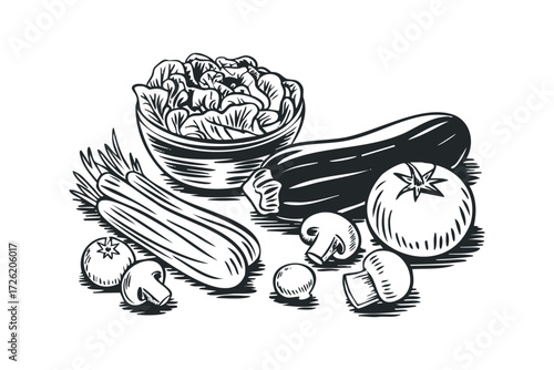 Fresh Assortment of Vegetables with Salad. Vector hand drawn illustration
