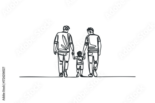 Line art drawing of two adults walking with a child. Vector hand drawn illustration