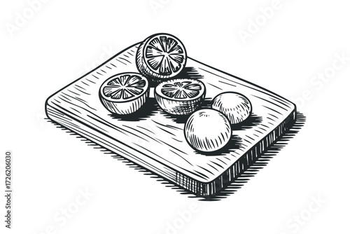 Hand drawn sketch of halved and whole lemons on a wooden cutting board. Vector hand drawn illustration