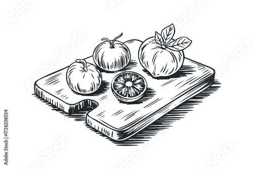 Line art of apples and citrus slice on cutting board. Vector hand drawn illustration