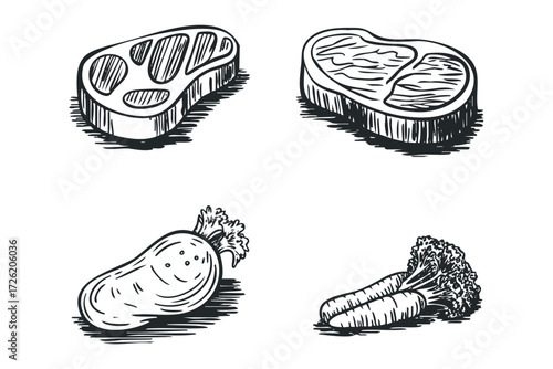 Hand Drawn Steaks and Root Vegetables Collection. Vector hand drawn illustration