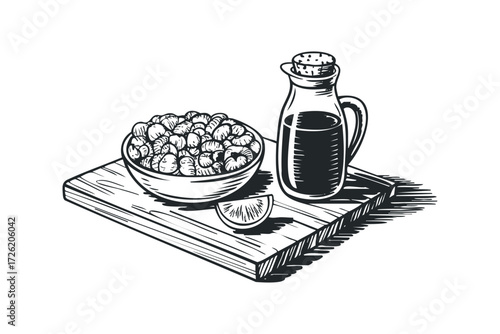 Bowl of nuts with olive oil jug and lemon slice. Vector hand drawn illustration